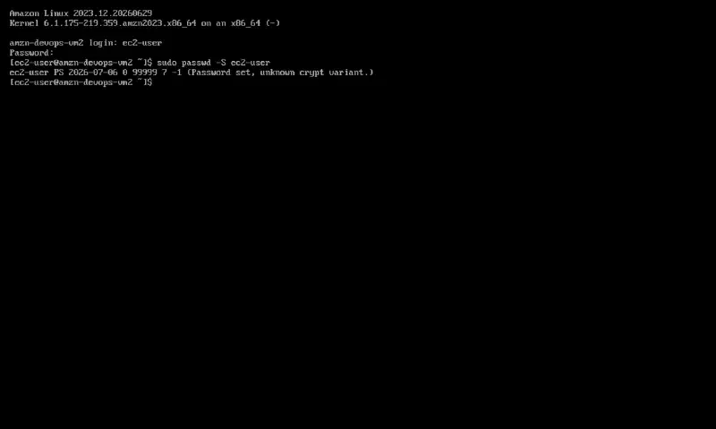 Test 1: Fresh boot — passwd -S shows PS (Password set). The password we configured in user-data is active.