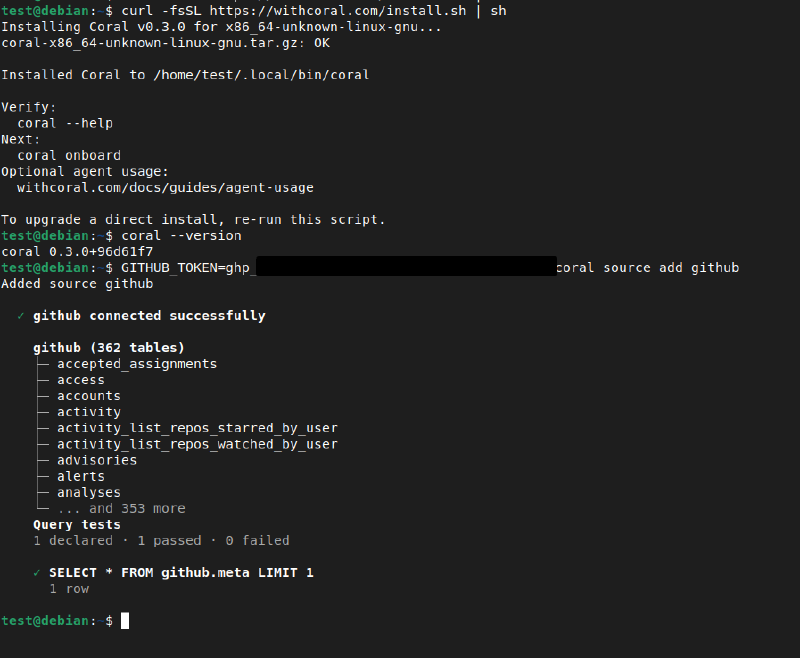 Coral installation and GitHub source connection in terminal