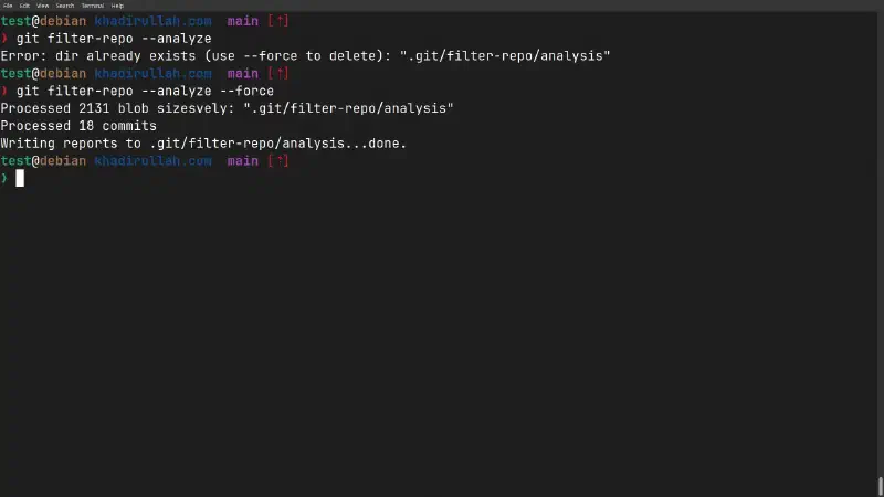 Running &ndash;analyze again shows the error, then &ndash;force overwrites it — now showing 18 commits