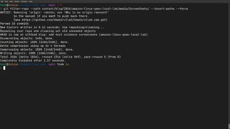 filter-repo rewrites history: parsed 18 commits, removed the origin remote, repacked objects — all in 1.57 seconds