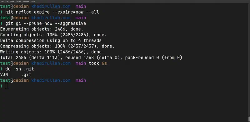 reflog expire + gc &ndash;prune=now &ndash;aggressive — took 6 seconds, final repo size: 73MB