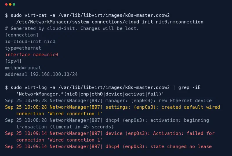 The cloud-init NetworkManager profile pinned to interface-name=nic0, and the NetworkManager log showing enp0s3 falling back to Wired connection 1 and getting no DHCP lease