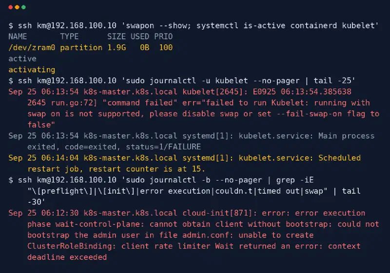 swapon showing /dev/zram0 active, kubelet failing with running with swap on is not supported, restart counter at 15, and kubeadm init failing at wait-control-plane