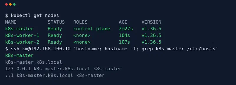 kubectl get nodes listing k8s-master, k8s-worker-1 and k8s-worker-2, all Ready, and hostname printing k8s-master while hostname -f prints k8s-master.k8s.local