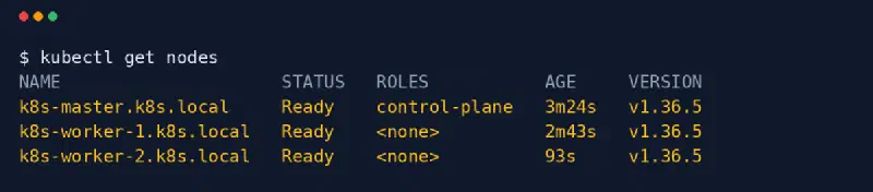 kubectl get nodes listing k8s-master.k8s.local, k8s-worker-1.k8s.local and k8s-worker-2.k8s.local
