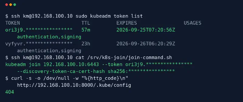 kubeadm token list showing the served token with 57 minutes left and the kubeadm init token with 23 hours, join-command.sh using the 57 minute token, and curl getting 404 for .kube/config on port 8000