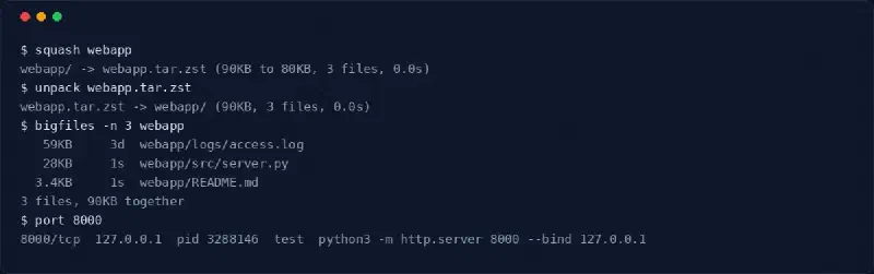 A terminal session: squash packs a folder, unpack restores it, bigfiles lists the three largest files, port shows which process holds port 8000