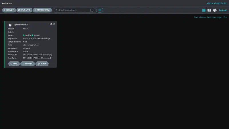 ArgoCD applications page with the single uptime-checker tile