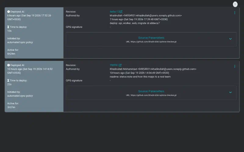 ArgoCD deploy history with two entries, each showing the git revision and commit message that triggered it