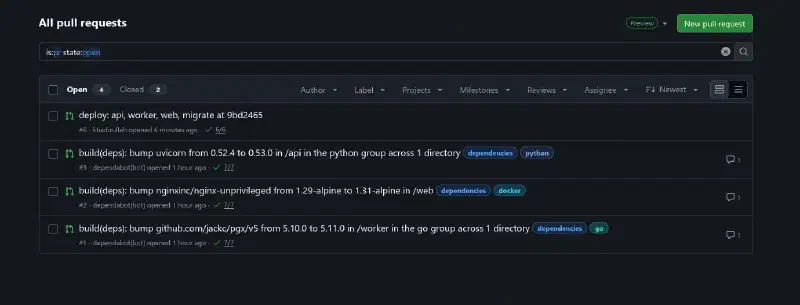 The same Dependabot pull requests after rebase, all checks passing