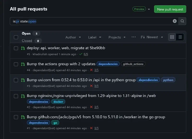 Four Dependabot pull requests, all with failing checks