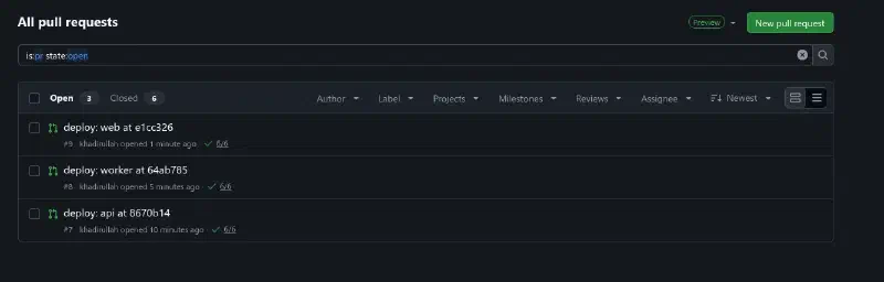 Three open deploy pull requests opened by the pipeline