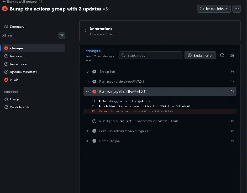 First workflow run failing on the paths filter step with Resource not accessible by integration