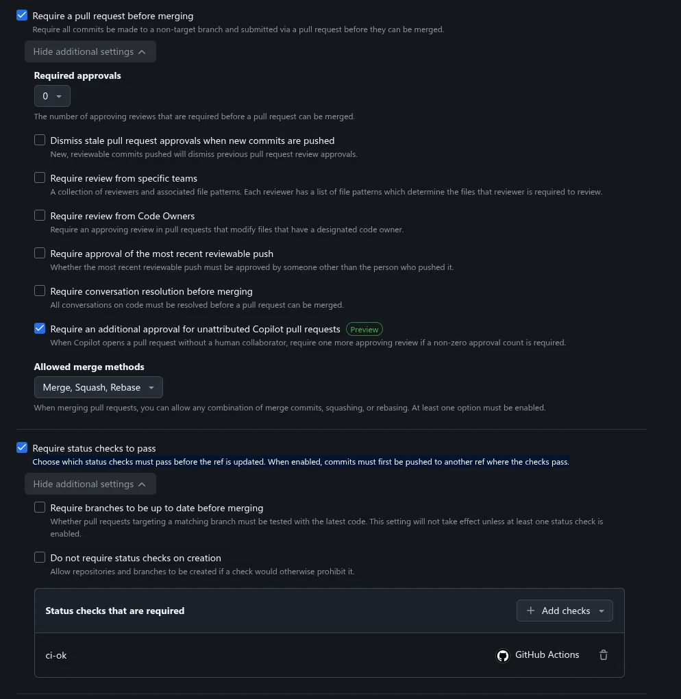 Branch ruleset on main requiring a pull request and the ci-ok status check