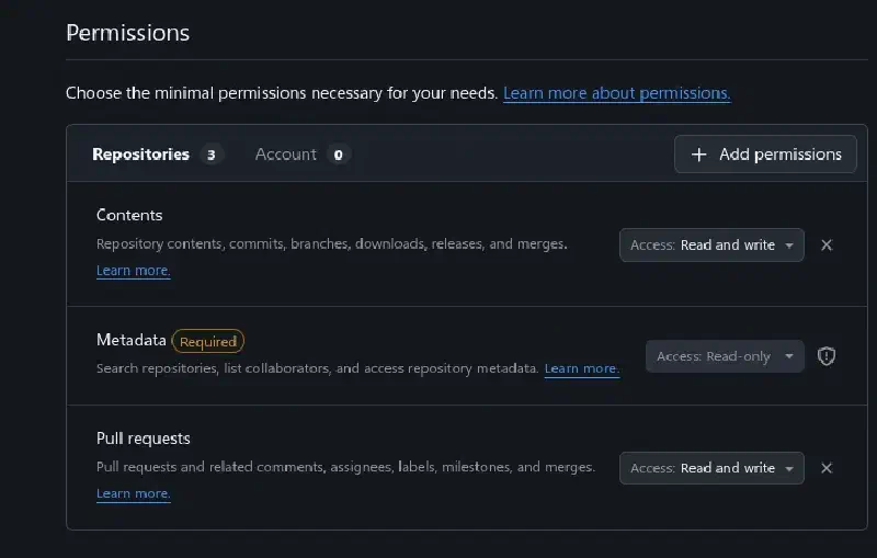 Fine-grained token with Contents and Pull requests read and write on one repository