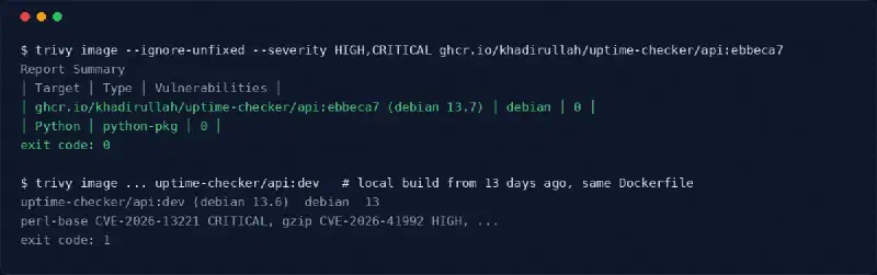 Trivy output: the image built today has zero findings, a local build from thirteen days ago has thirteen