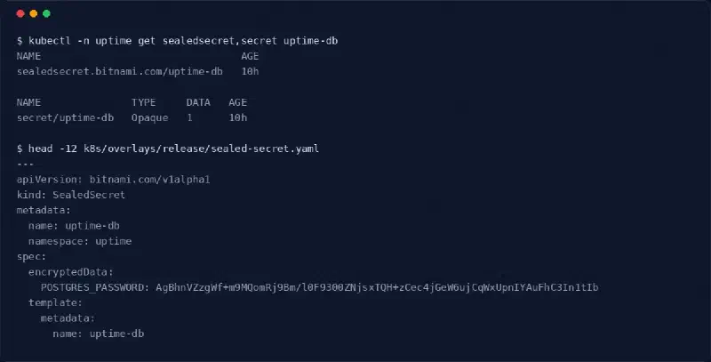 kubectl showing the SealedSecret and the Secret it produced, and the head of the committed sealed-secret.yaml